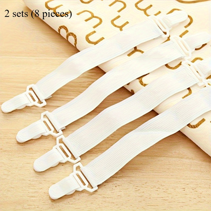 Set of 4 White Elastic Sheet Straps with Clips for Bedding and Mattress Securement