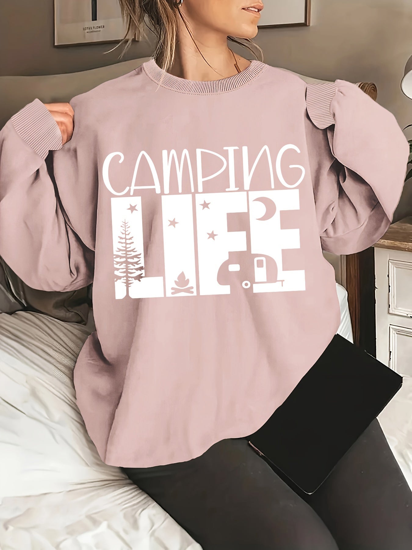 Women's Plus Size Camping Life Print Pullover Sweatshirt Long Sleeve Crew Neck
