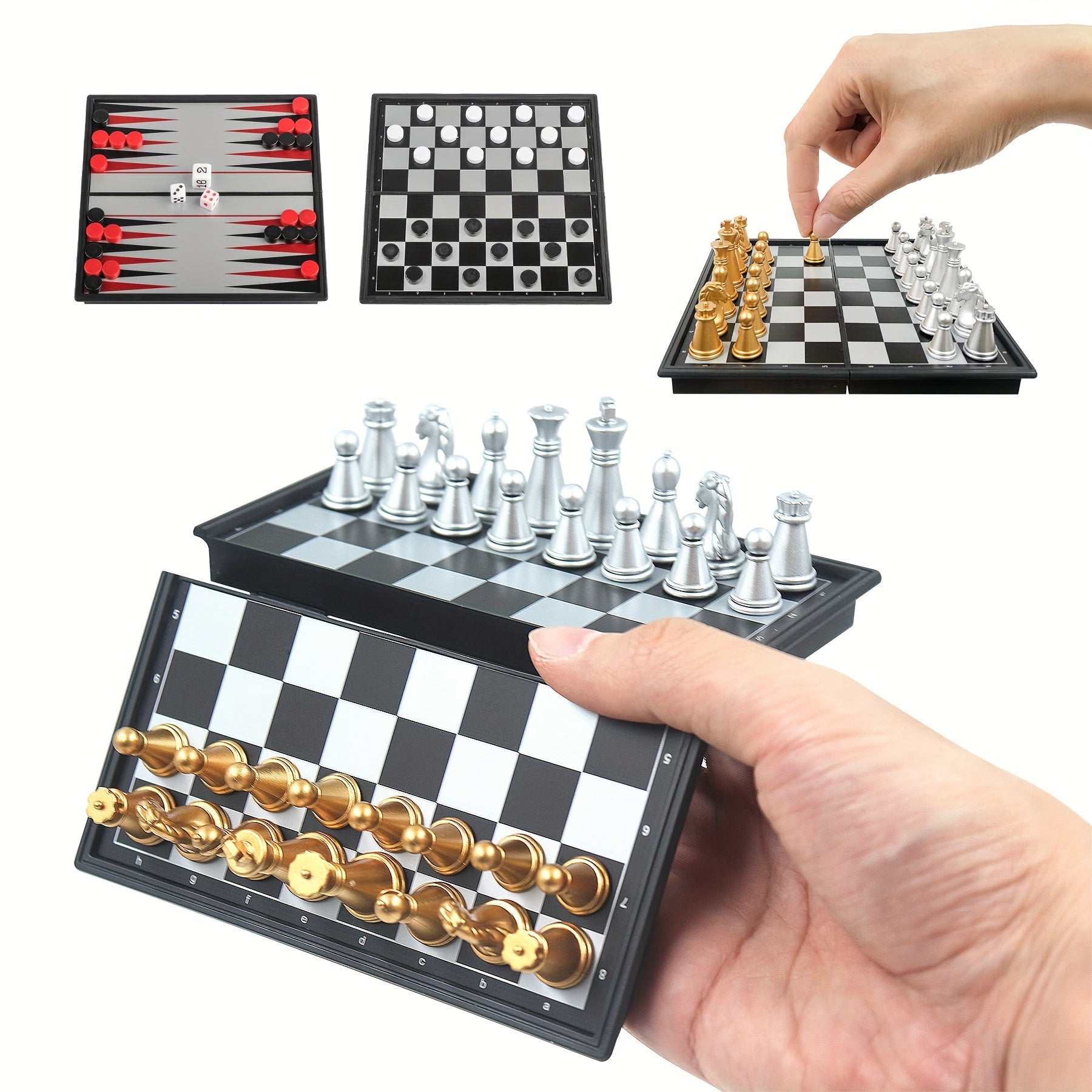 Mini Magnetic Chess and Backgammon Set Portable Folding Travel Board Game 12.7cm