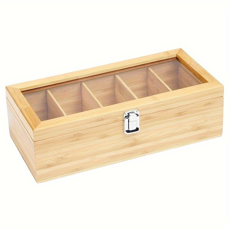 Bamboo Tea Bag Organizer Storage Box with Clear Lid Coffee and Teabag Compartments