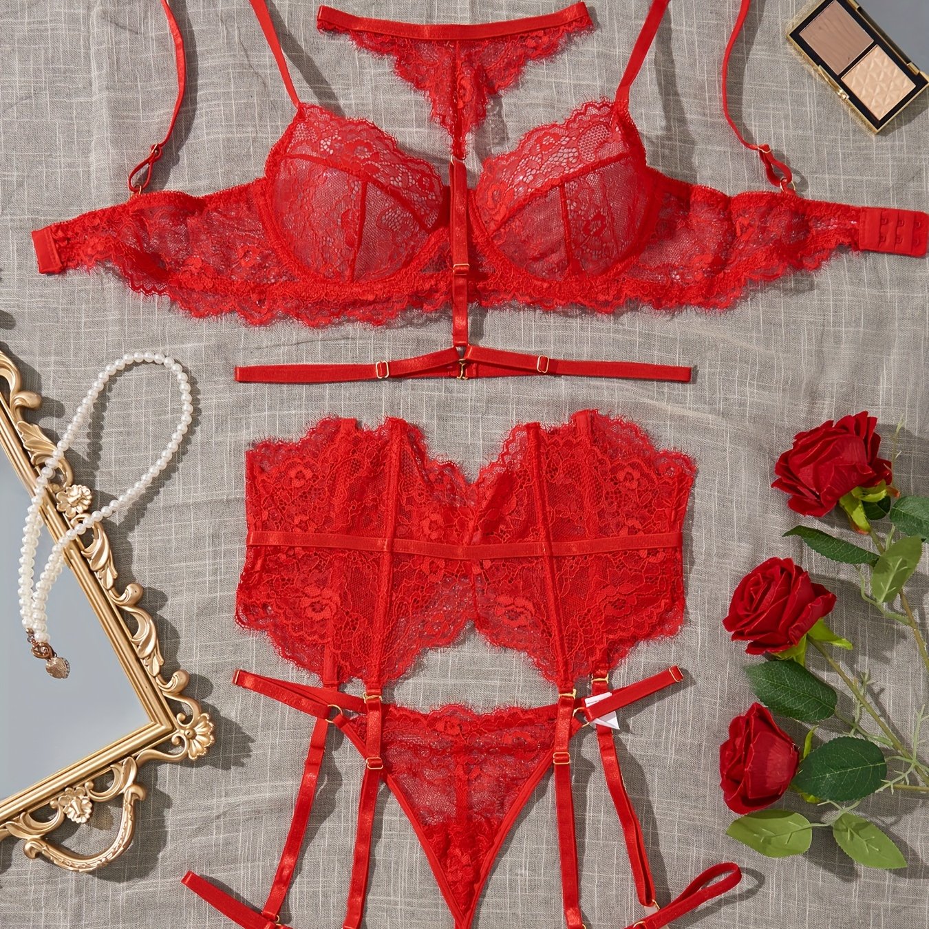 See-Through Lace Lingerie Set for Women with Bra and Thong