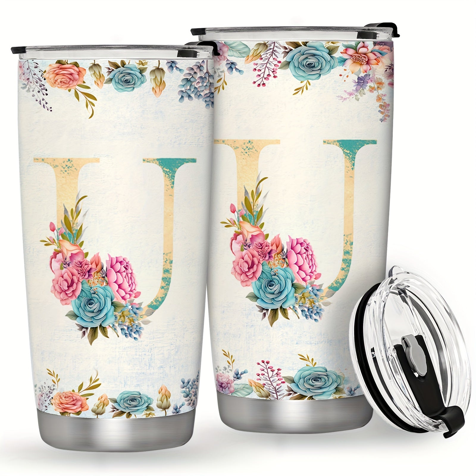 20oz Stainless Steel Tumbler with Monogram Floral Design Leak Proof Lid for Outdoor Use