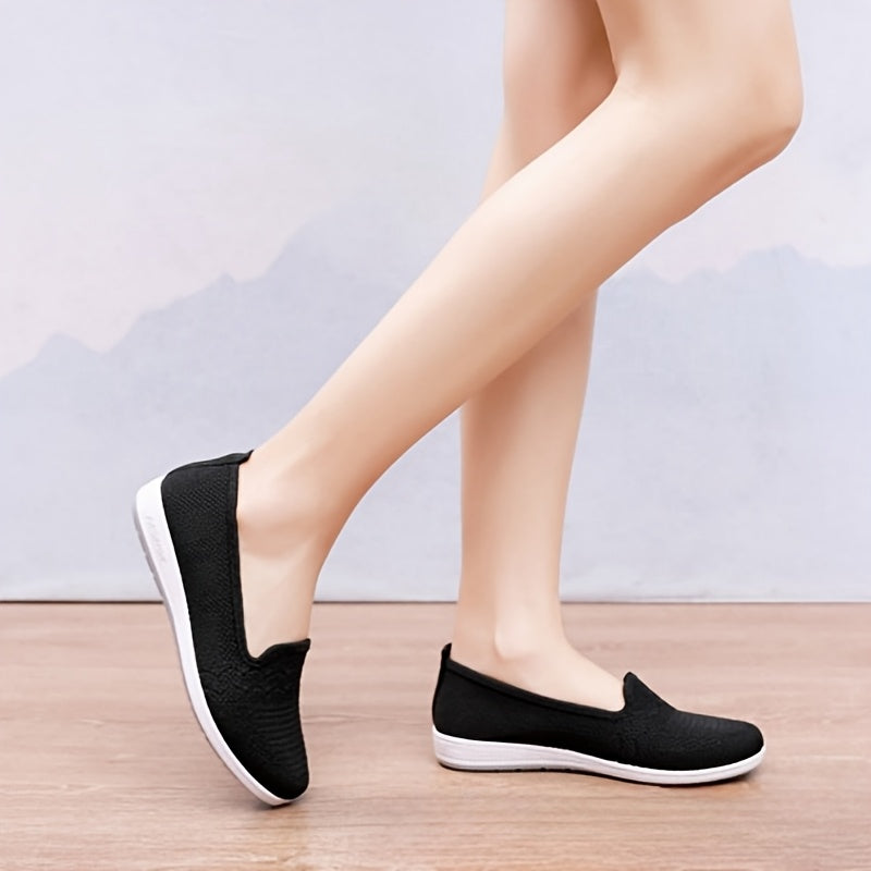 Women's Black Slip-On Loafers Breathable Knit Non-Slip Rubber Flats