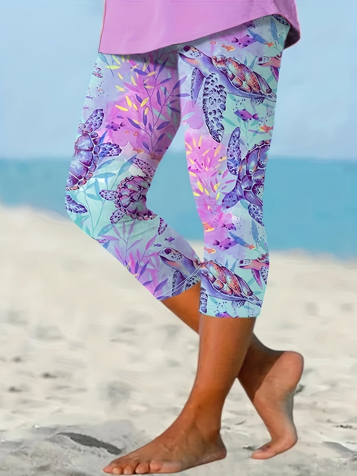 Plus Size Women's Capri Leggings High-Waisted Vibrant Sea Turtle Tropical Foliage Print