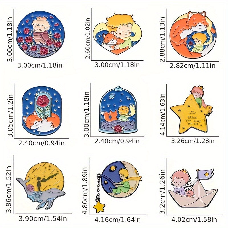 Ayollar va bolalar uchun 9 ta Alloy Enamel Cartoon Pins Fairy Tale Brooches to'plami