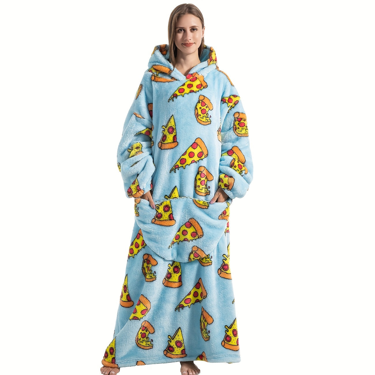 Adult Oversized Hoodie Wearable Blanket with Pepperoni Pizza Print and Front Pocket