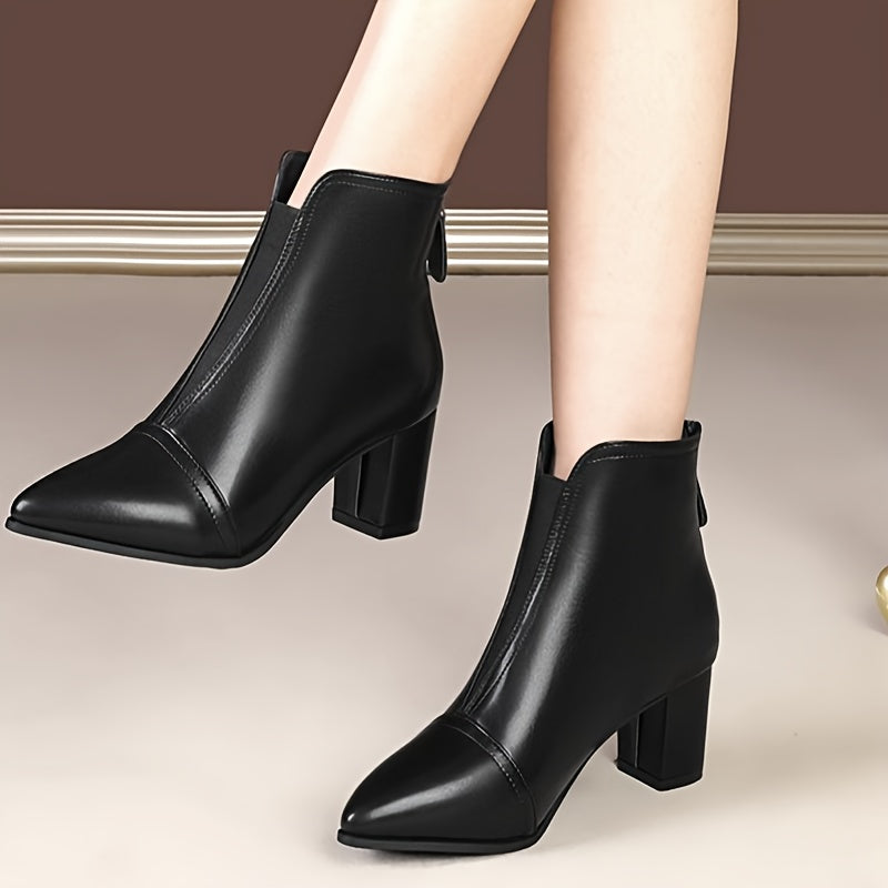 Women's Black Pointed Toe High Heel Boots Waterproof Zipper Back