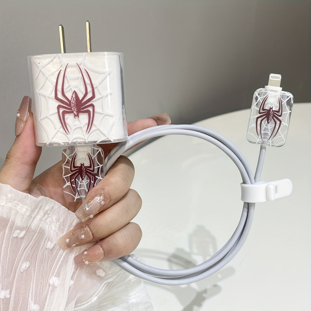 TPU Spider Pattern Charger and Cable Protector Set for iPhone 20W Adapter Durable Port Cover