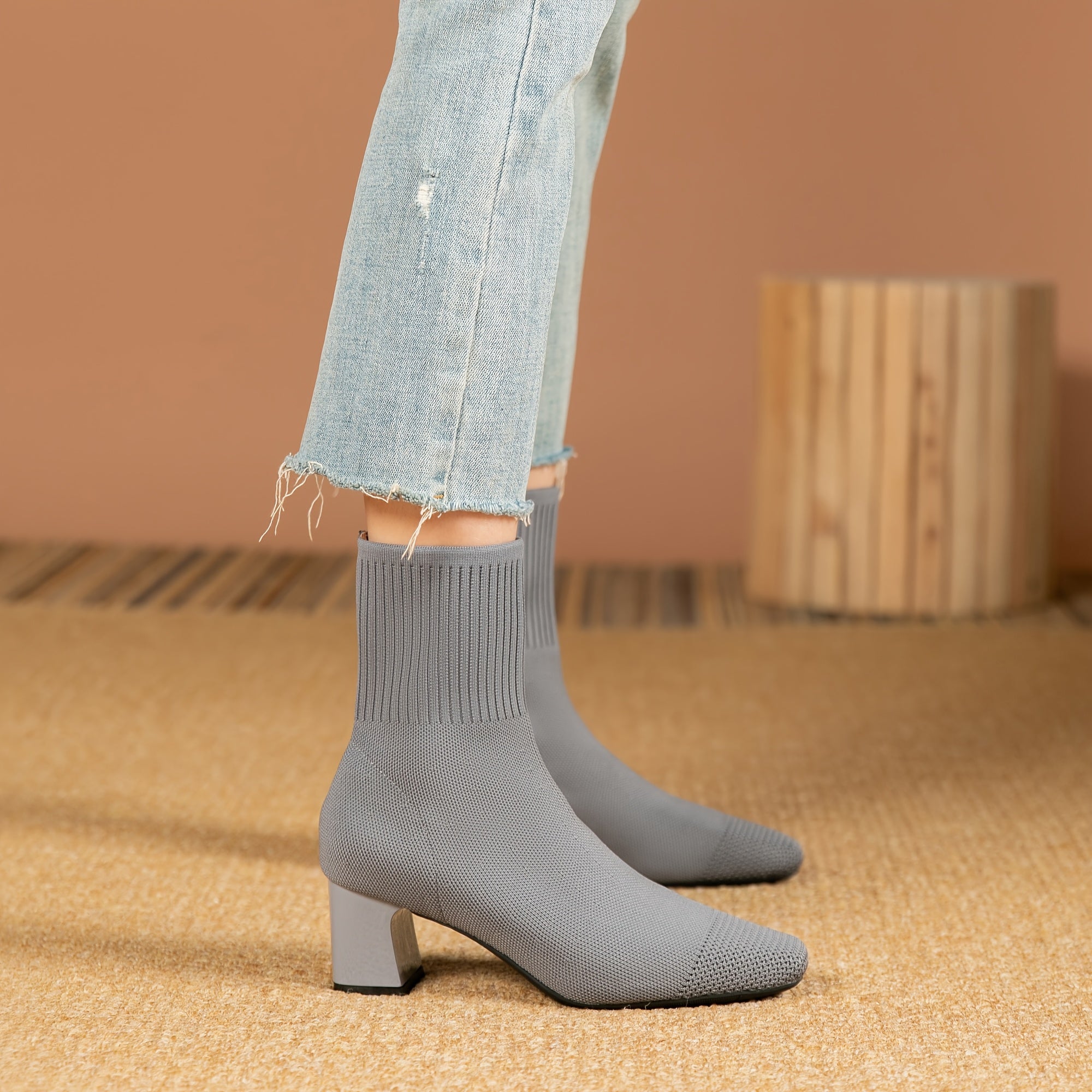 Women's Fabric Square Toe Ankle Boots Casual Slip-On High Heel Mid-Calf Shoes