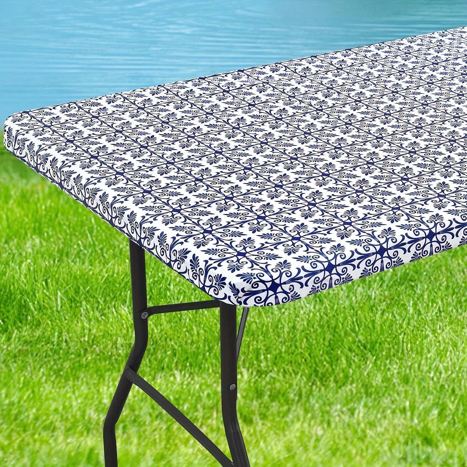 Baroque Style Waterproof Fitted Tablecloth with Elastic Flannel Backing for Outdoor Use