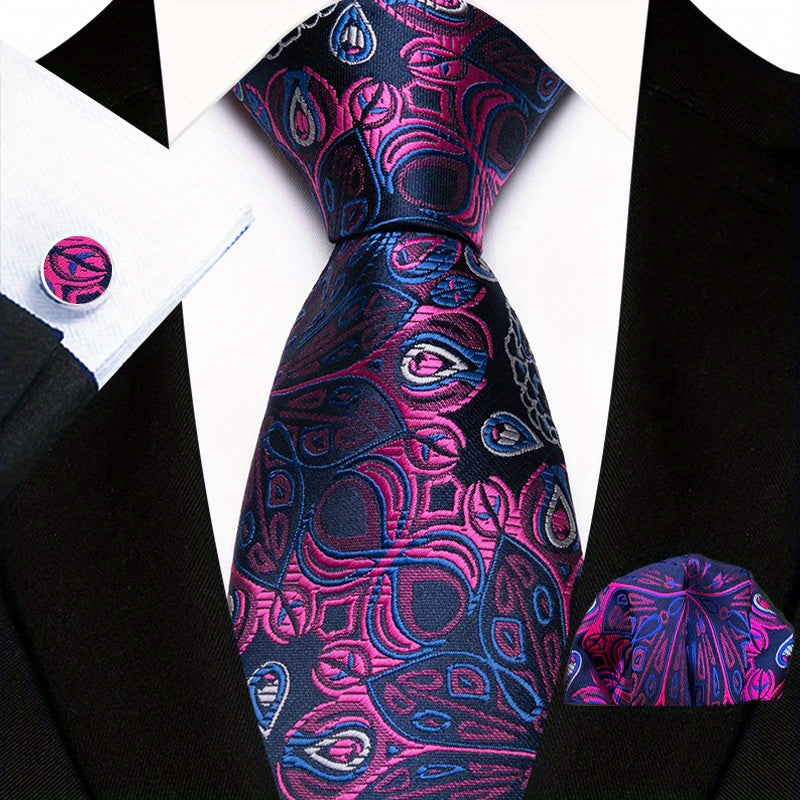 Men's Floral Plaid Necktie and Handkerchief Clip Set for Business and Weddings