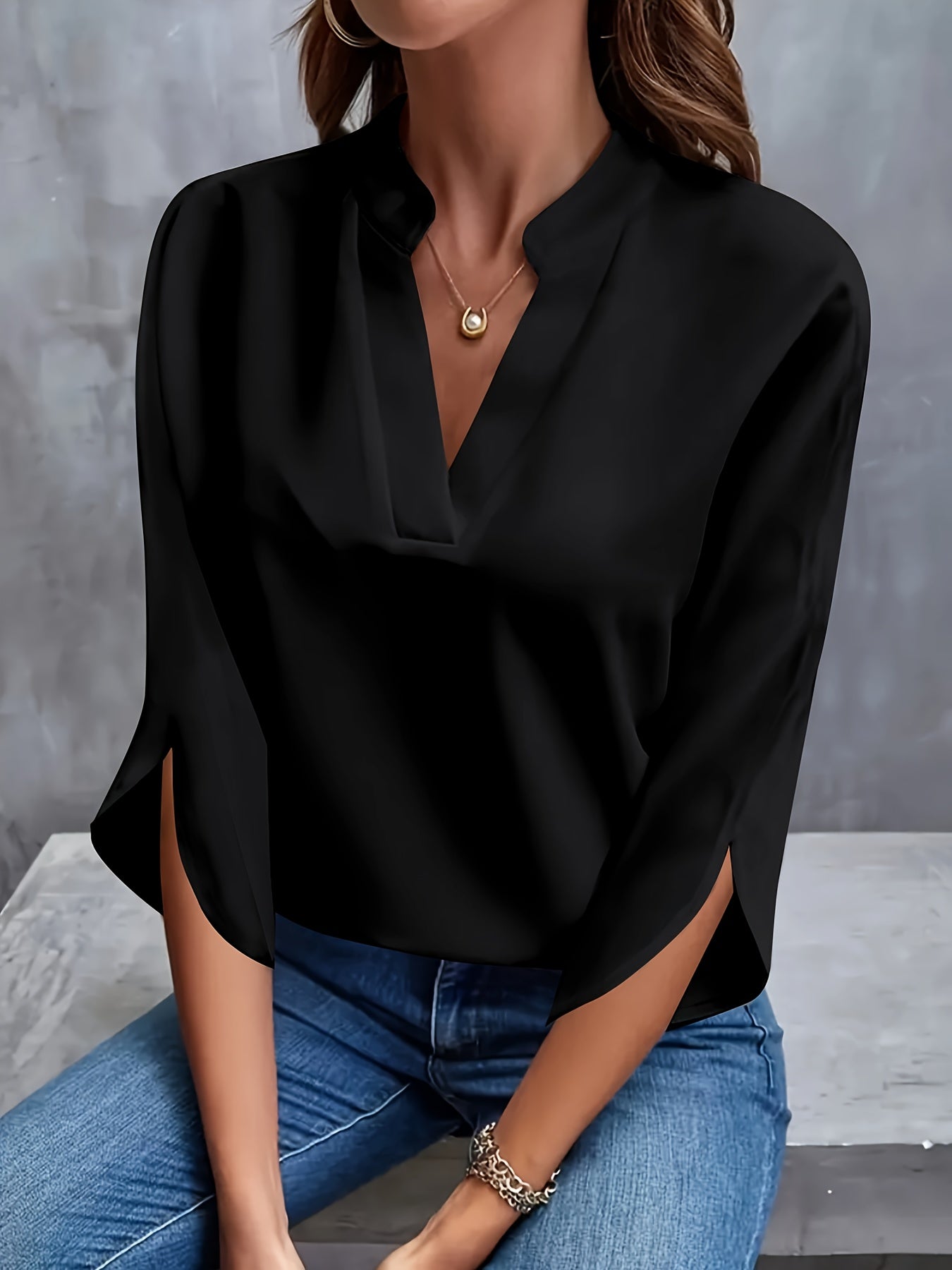 Solid Color V-Neck Blouse with 3/4 Split Sleeves for Women
