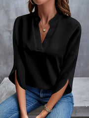 Solid Color V-Neck Blouse with 3/4 Split Sleeves for Women