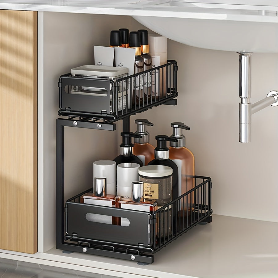 Black Metal Under Sink Organizer 2-Tier Pull-Out Shelf for Kitchen Bathroom Storage
