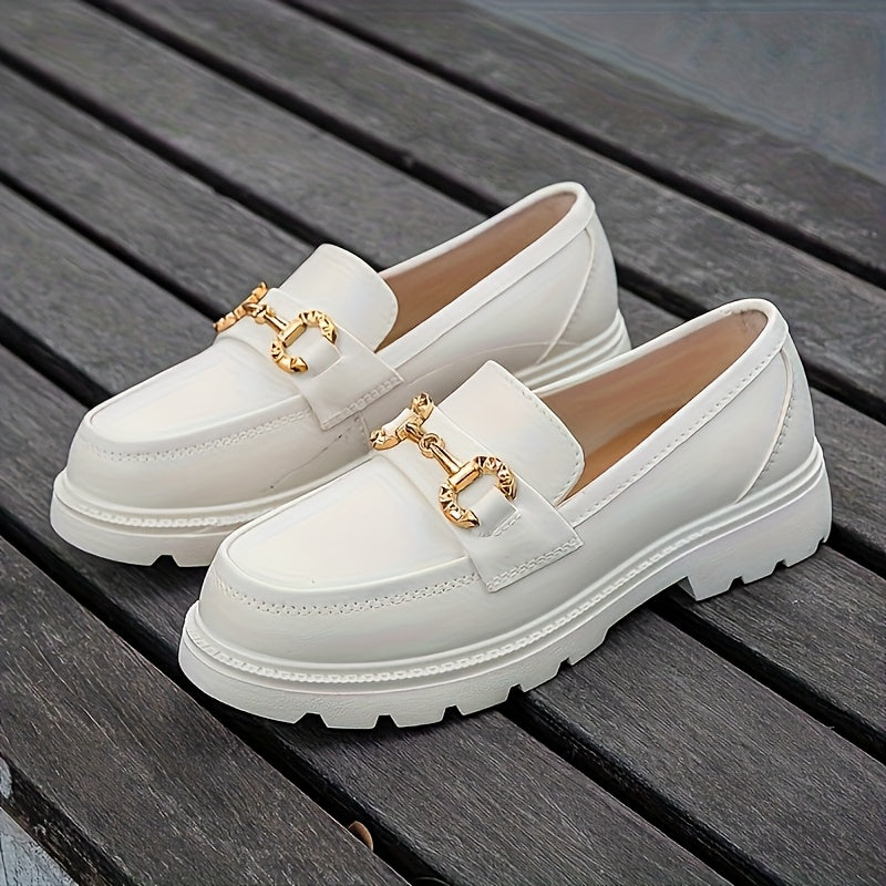 Women's Slip-On Loafers Black Beige White Round Toe Thick Sole Retro British Style