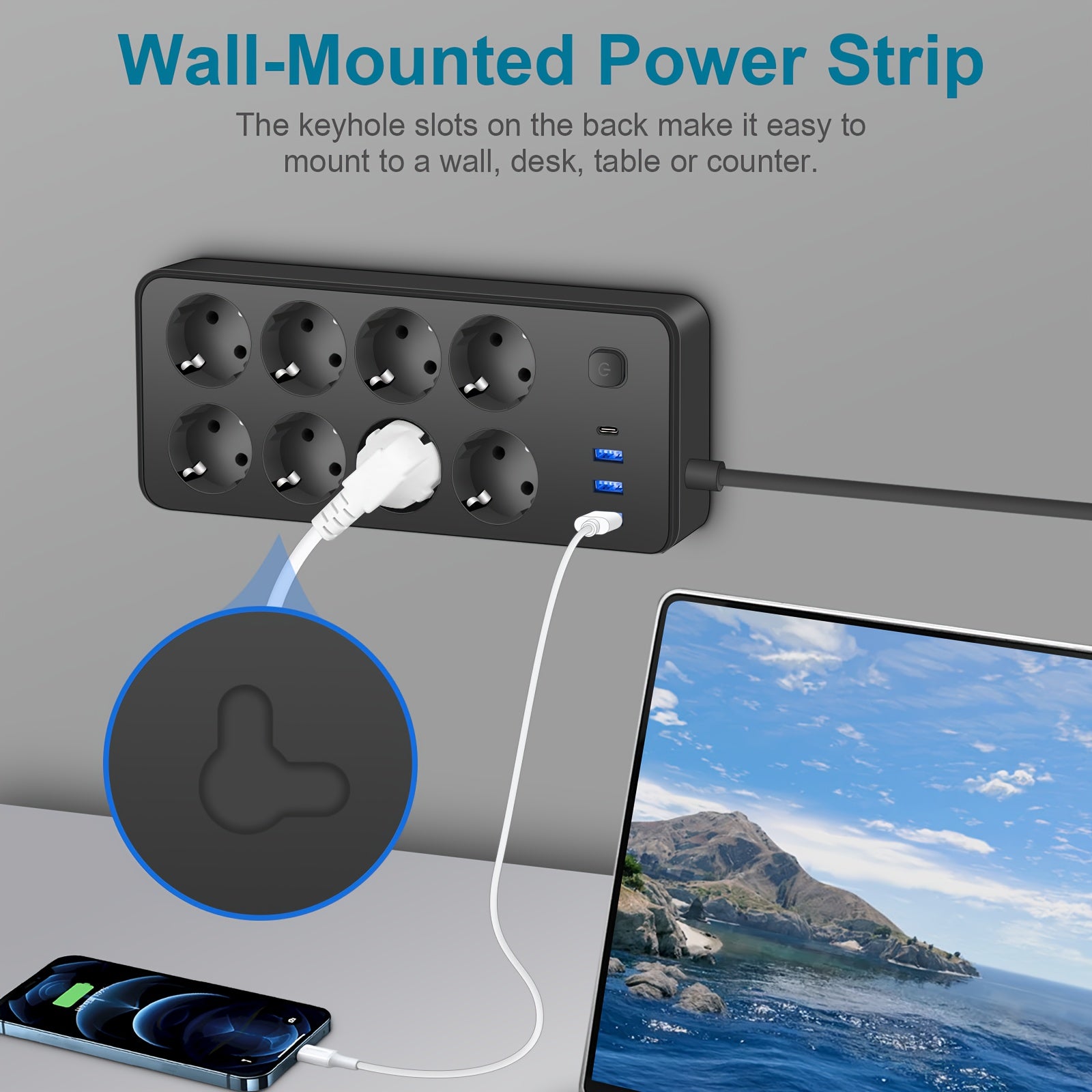 Surge Protector Power Strip with 6 Outlets 3 USB Ports 1 USB-C 182cm Extension Cord Wall Mount