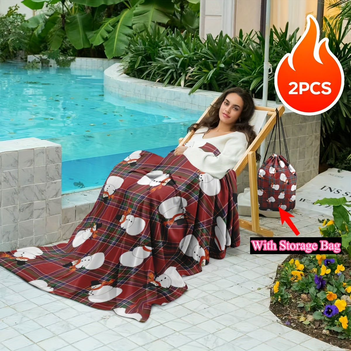 Red Flannel Snowman Print Blanket with Multi-Function Pocket for Outdoor Camping and Gift