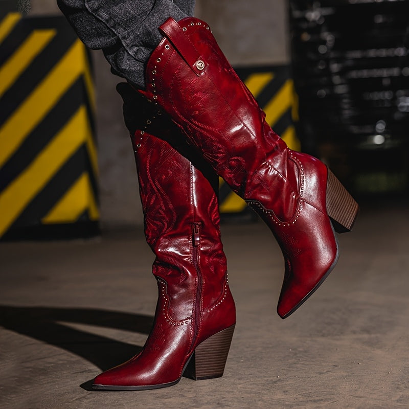 Women's Western Cowgirl Boots Red Faux Cover Knee-High Chunky Heel