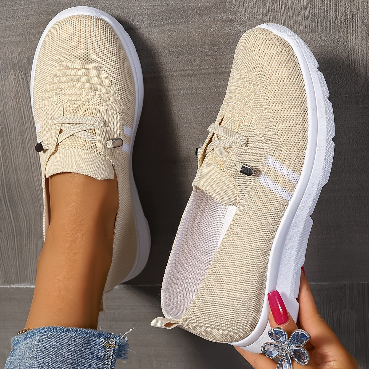 Ladies Breathable Casual Slip-On Sneakers Low Top Fabric Stripes