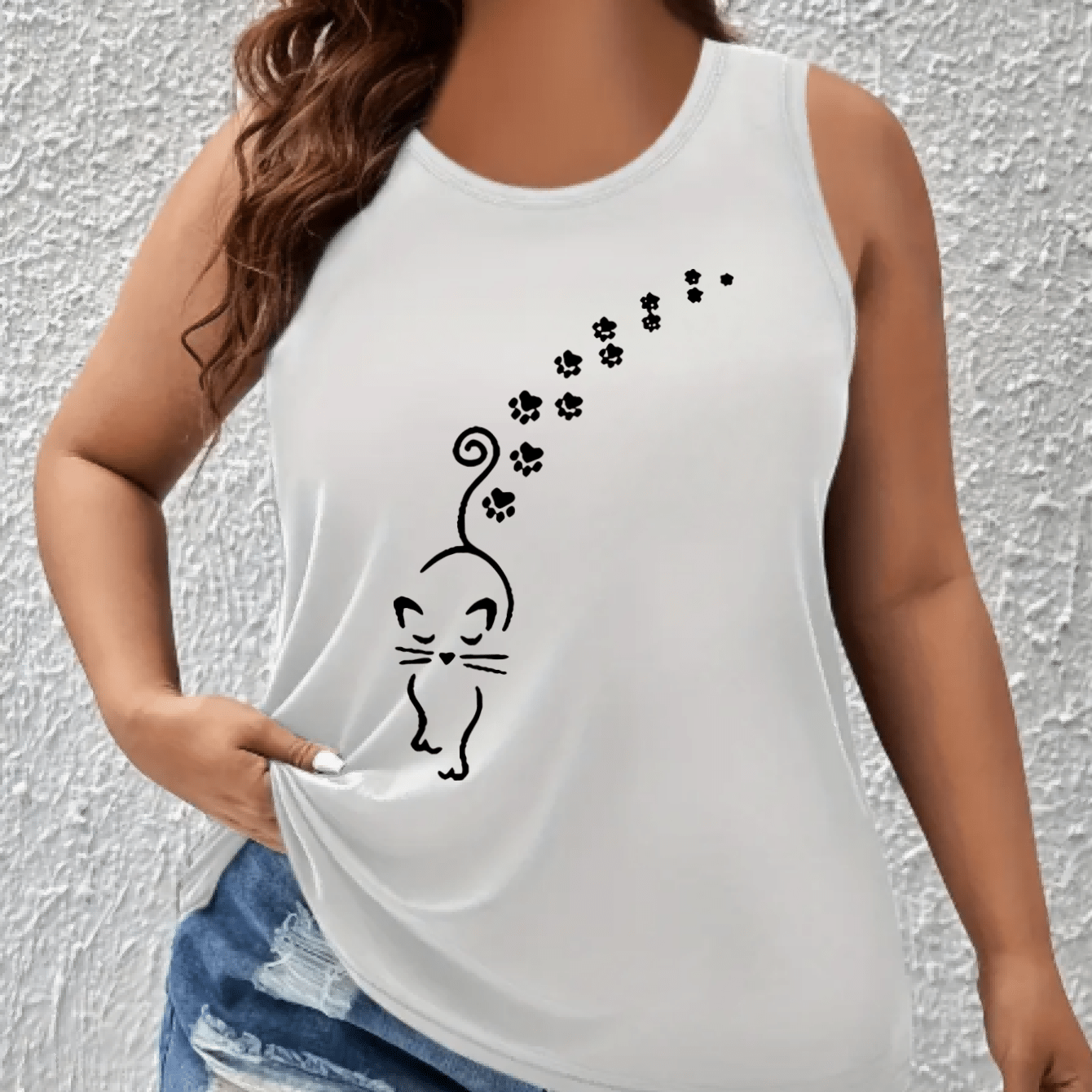 Women's Plus Size Sleeveless Tank Top Cotton Casual Summer White Black Cat