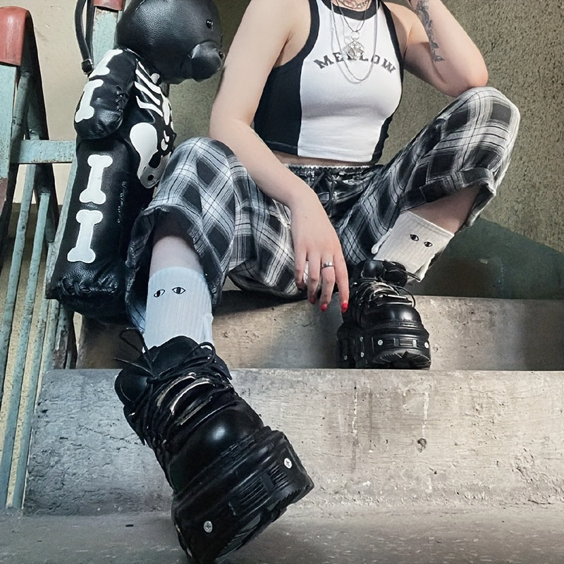 Women's Gothic Black High-Top Sneakers with Platform Heel Non-Slip Rubber Sole
