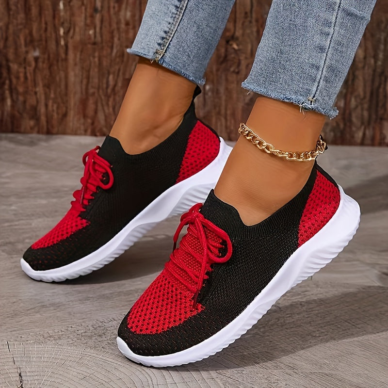 Women's Breathable Knit Sneakers Lightweight Non-Slip Casual Black Red