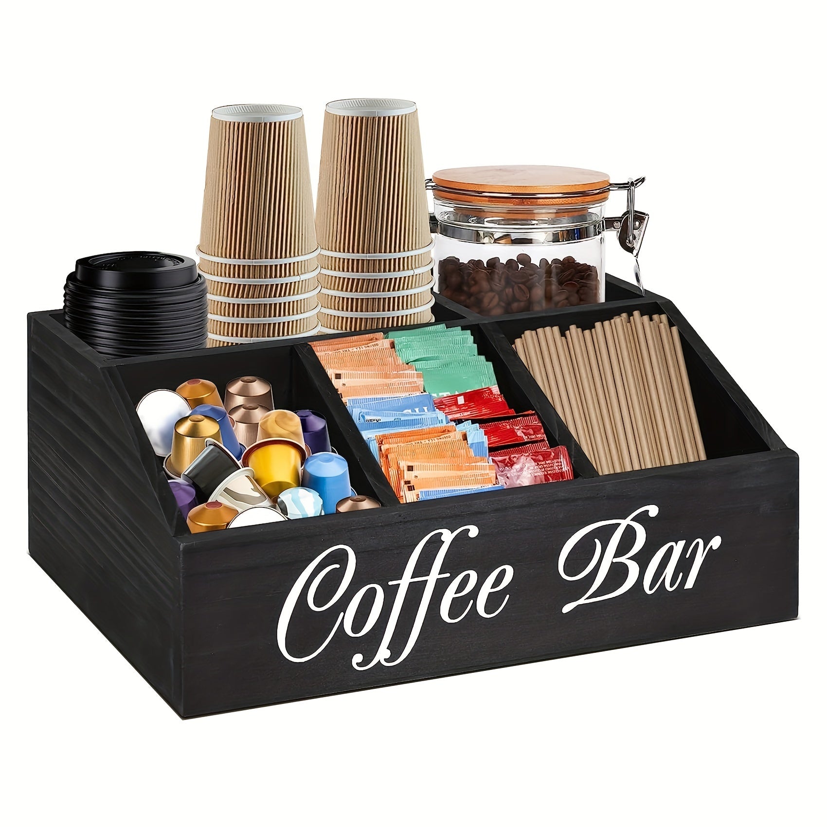 Bandeja organizadora de café de madera con compartimentos para condimentos, cápsulas y accesorios