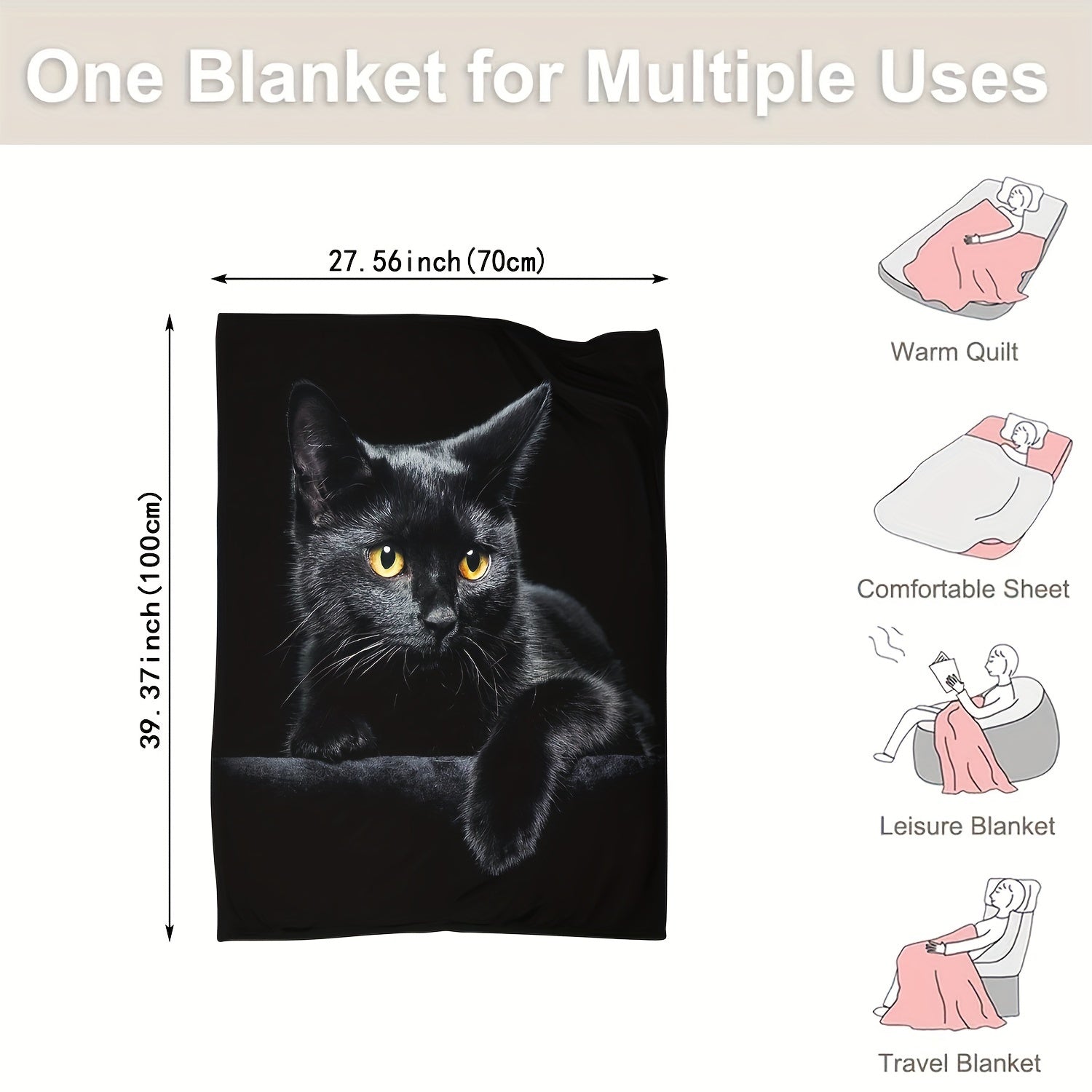 Black Cat Print Flannel Throw Blanket for Couch Bed Car Office Camping