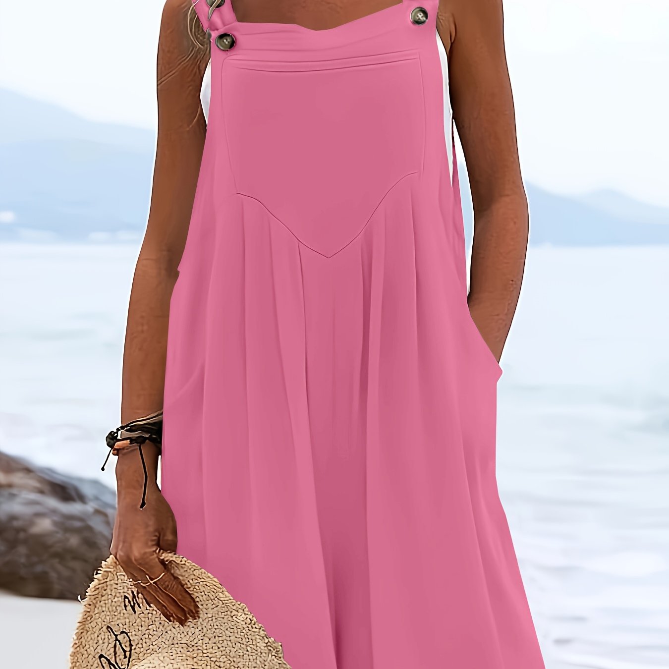 Women's Coral Pink Polyester-Spandex Jumpsuit Beach Cover-Up Lightweight Casual/Formal