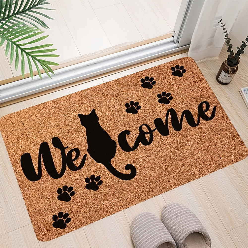 Cat Welcome Doormat Stain-Resistant Polyester Indoor Outdoor Black Cat Silhouette