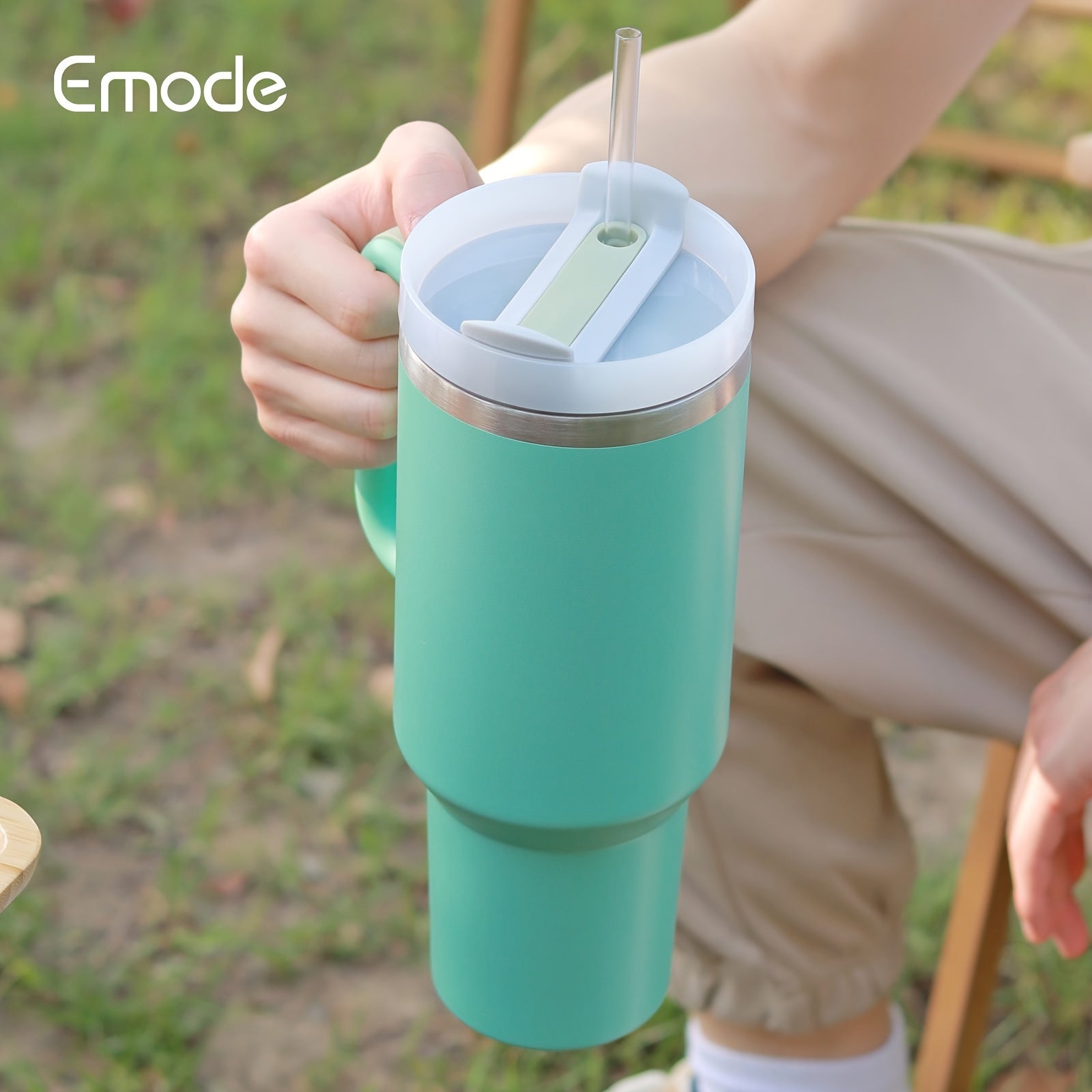 Taza de viaje de acero inoxidable con tapa y asa para bebidas de verano