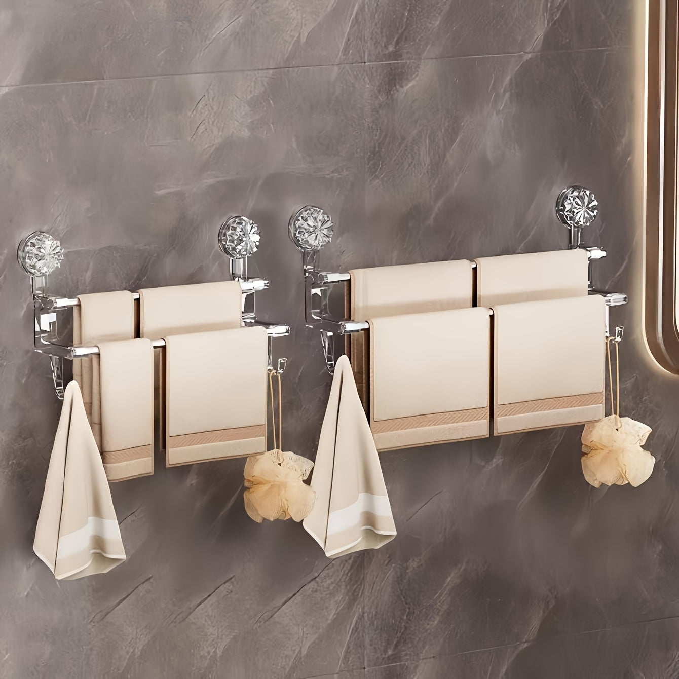 Dual Rod Towel Rack with Suction Cups No-Drill Wall Mount Bathroom Storage Metal Hanging Rod
