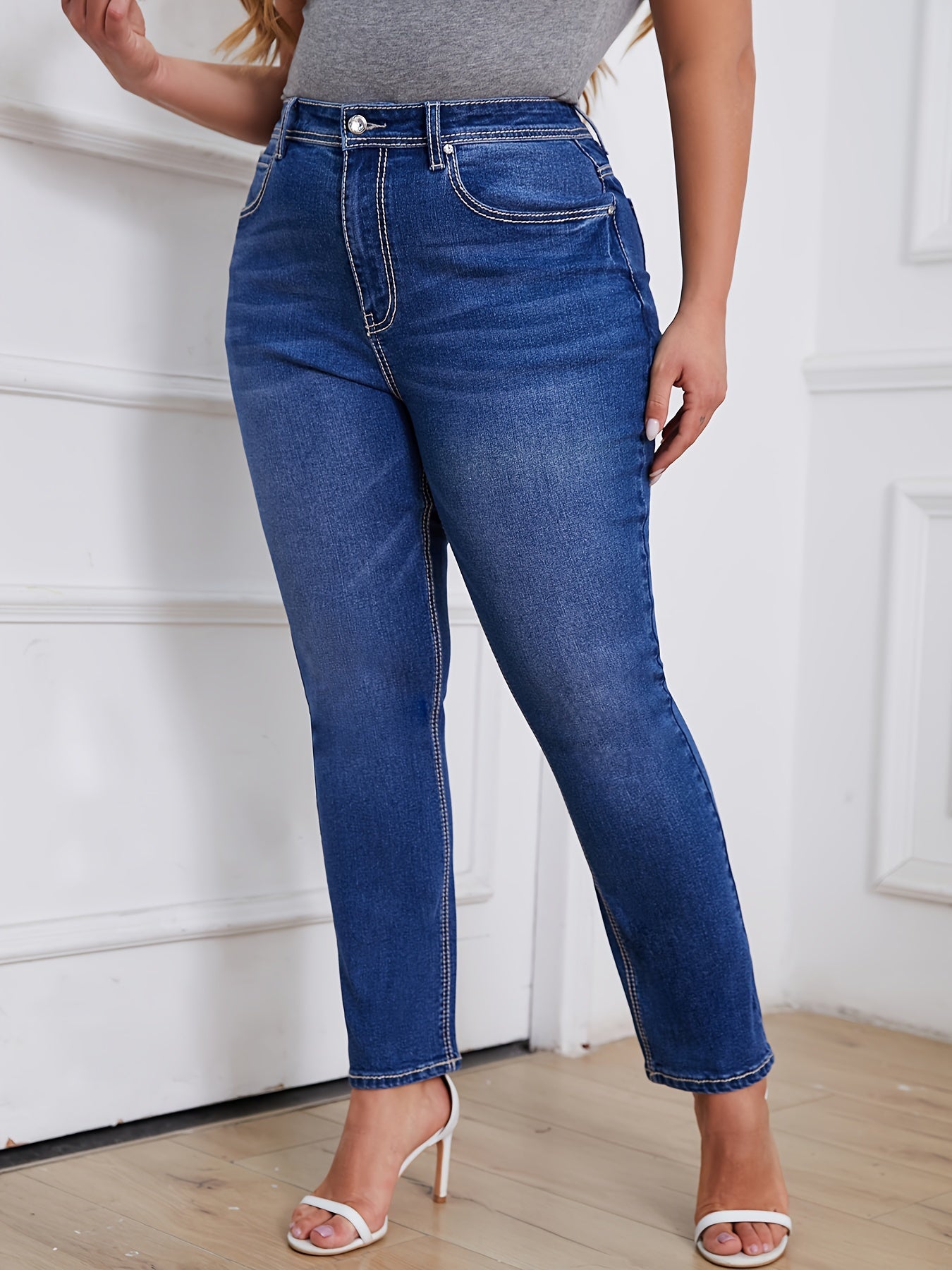 Jeans de mezclilla de talla grande para mujer, ajuste delgado, largo largo, color sólido, casual, con pierna recta