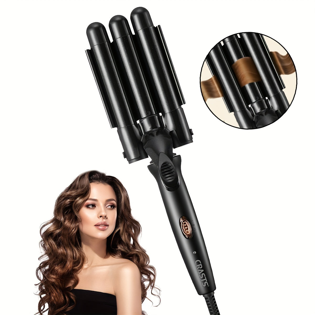 Unisex Electric Curling Iron 25mm Three-Barrel Water Wave Texture Temperature Control Black