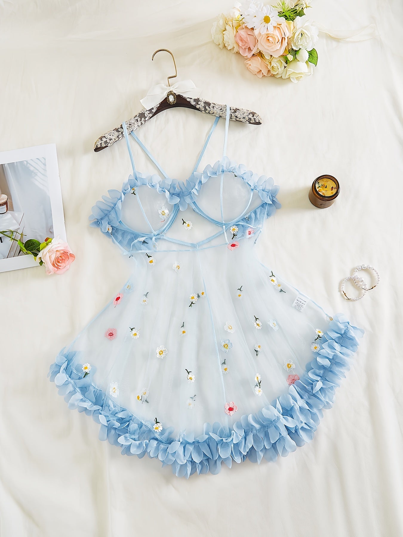 Women's See-Through Lace Dress with Flower Pattern Cross Straps and Backless Design for Lingerie