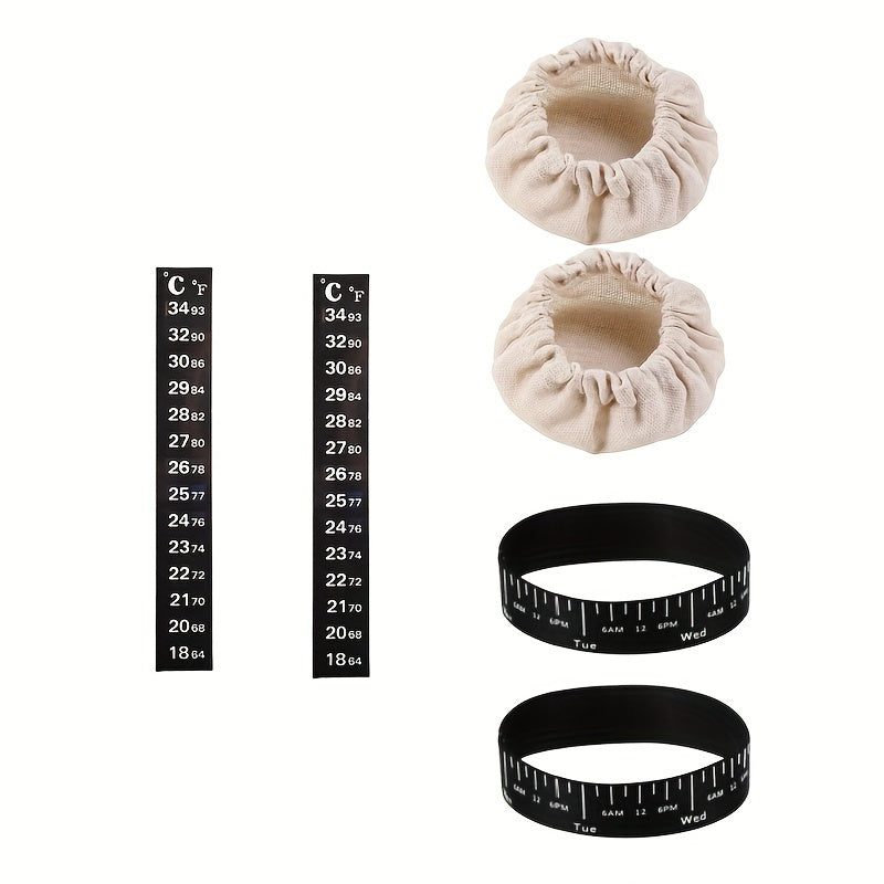 Sourdough Starter Kit to'plamiga mato qopqoq, harorat o'lchagichi va 7.62-10.16 sm idishlar uchun sana belgilagichi kiradi.