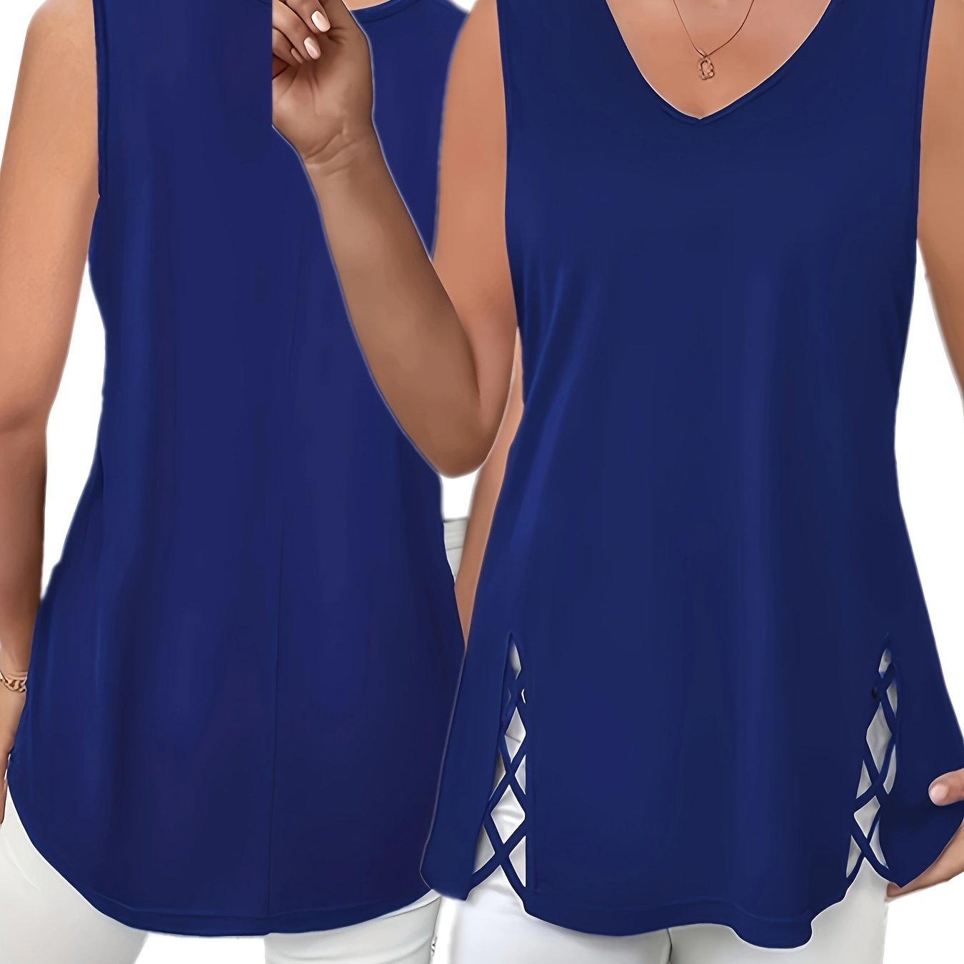 Top sin mangas de mujer talla grande con escote en V y tirantes cruzados en negro