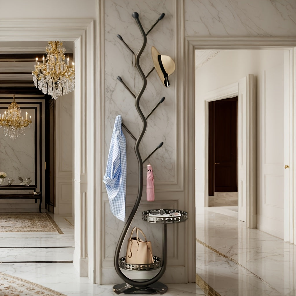 Metal Dual-Tier Freestanding Valet Stand with Branch Hooks Black Indoor Clothes Rack