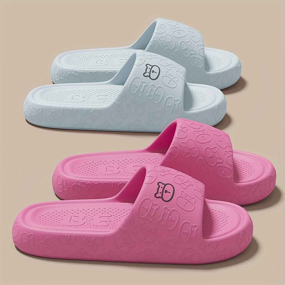 Unisex Cartoon Bear Print Slip-On Indoor Outdoor House Shoes Black Pink Size 48 49