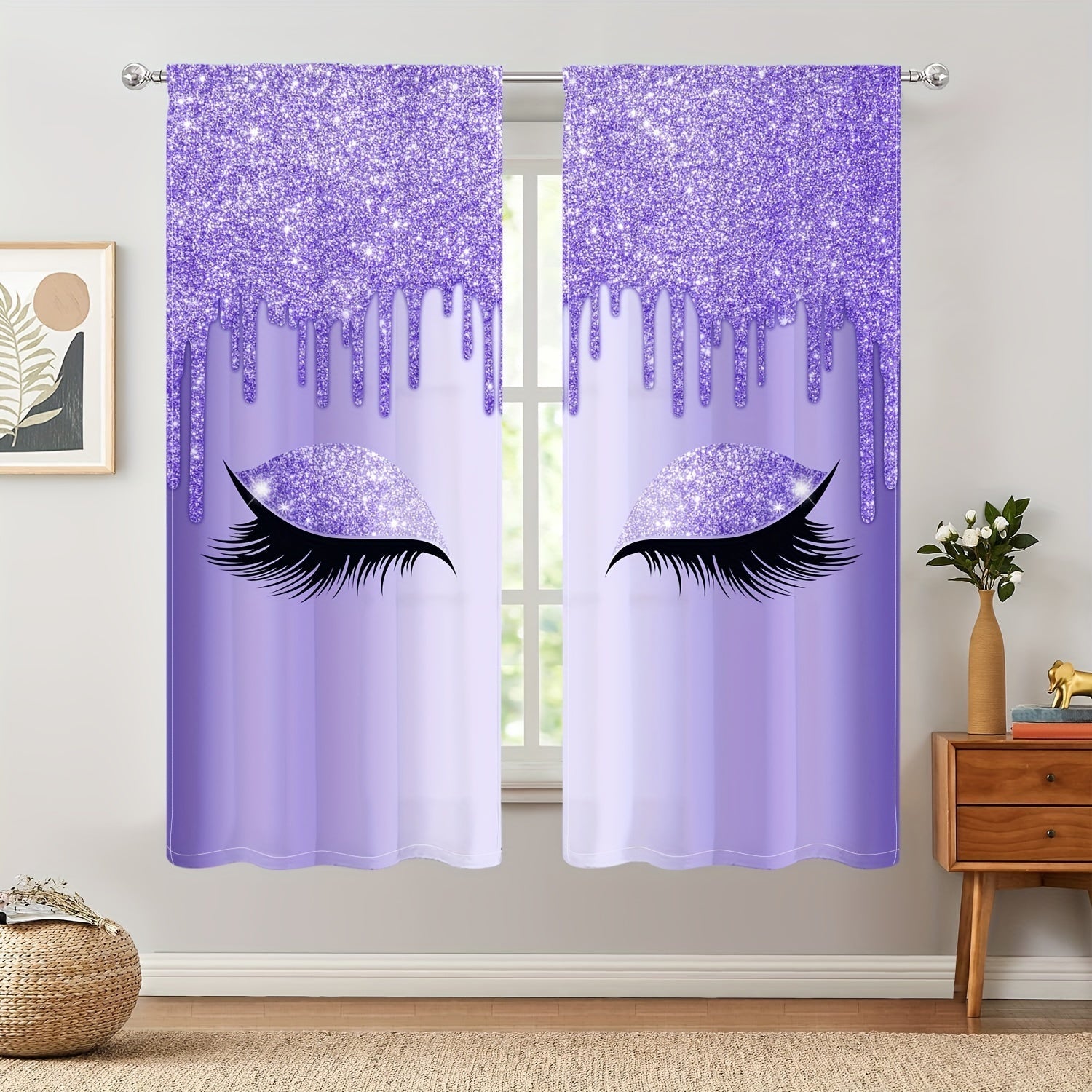Set of Two Eyelash Printed Curtains, Rod Pocket Window Treatments for Bedroom and Living Room