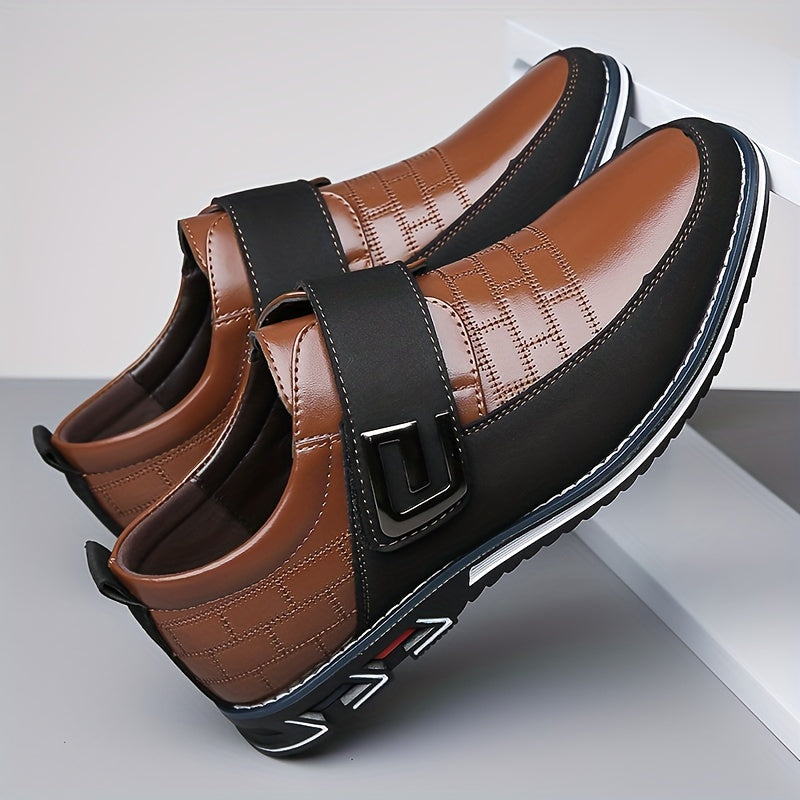 Men's Leather Loafers Casual Dress Shoes with Hook and Loop Fastener for Office and Casual Wear