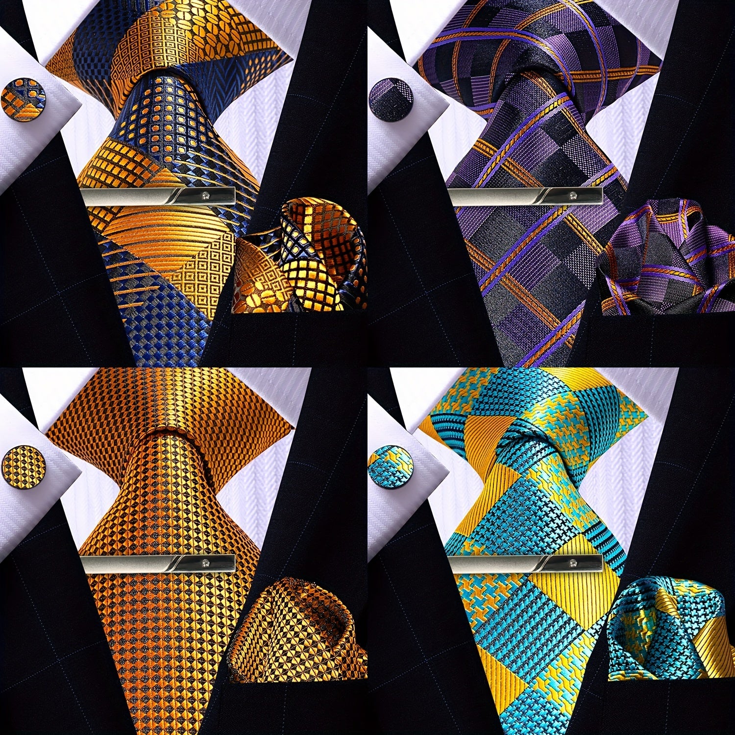 Men's Plaid Tie Pocket Square Cufflinks and Clip Set