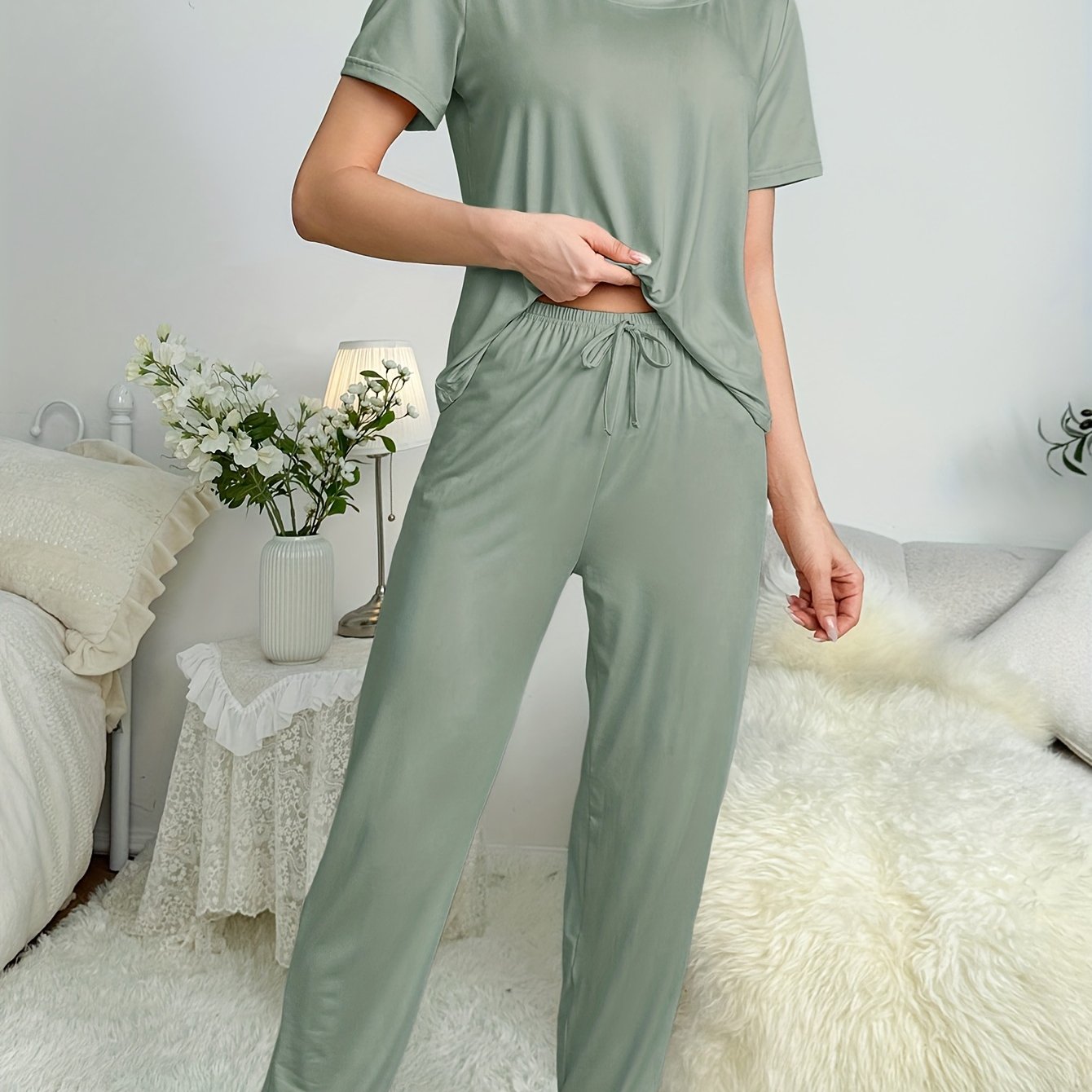 Conjunto de pijama de manga corta para mujer de color sólido, ropa de descanso, microelástico, poliéster