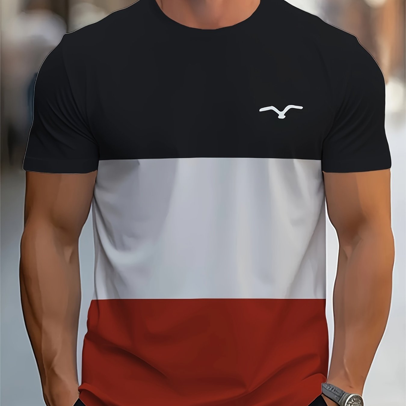 Erkaklar uchun Rangli Blokli Yuqori Bo'yinli Qisqa Yengli T-Shirt - Tasodifiy Yozgi Sport Taqimi, Polyester To'qima, Katta Uniseks, Yoz uchun Yupqa Versiya