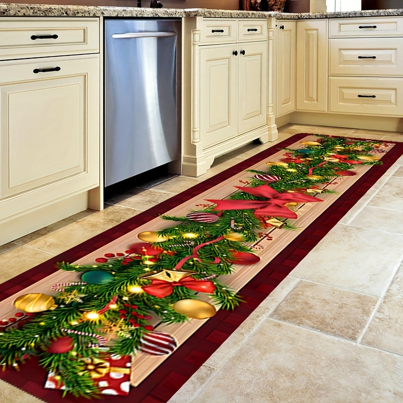 Christmas Runner Rug Festive Tree Ornaments Non-Slip Stain Resistant Hallway Decor