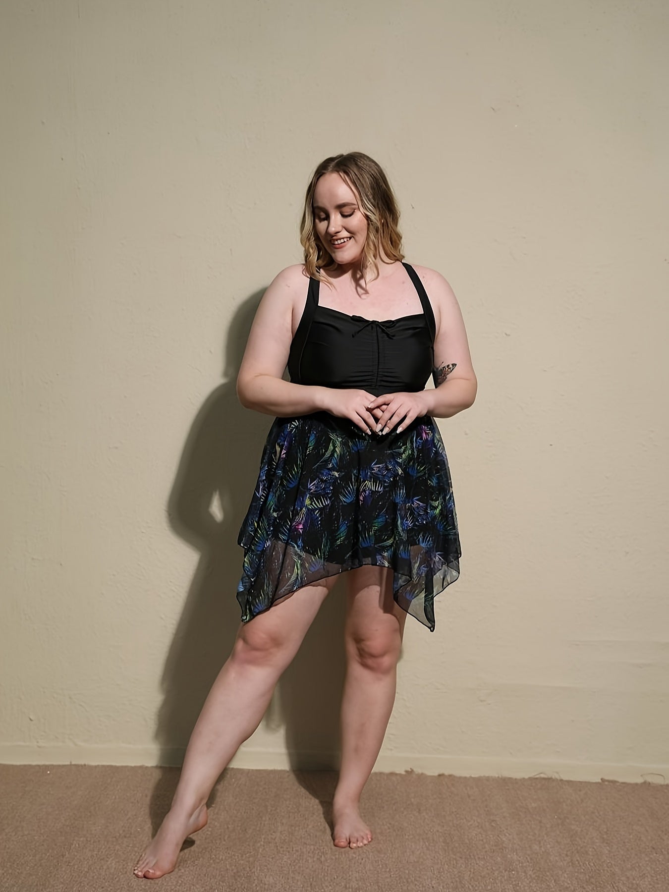 Plus Size Lace-Up Front Skirted Swimsuit with Removable Padding and Contrast Mesh