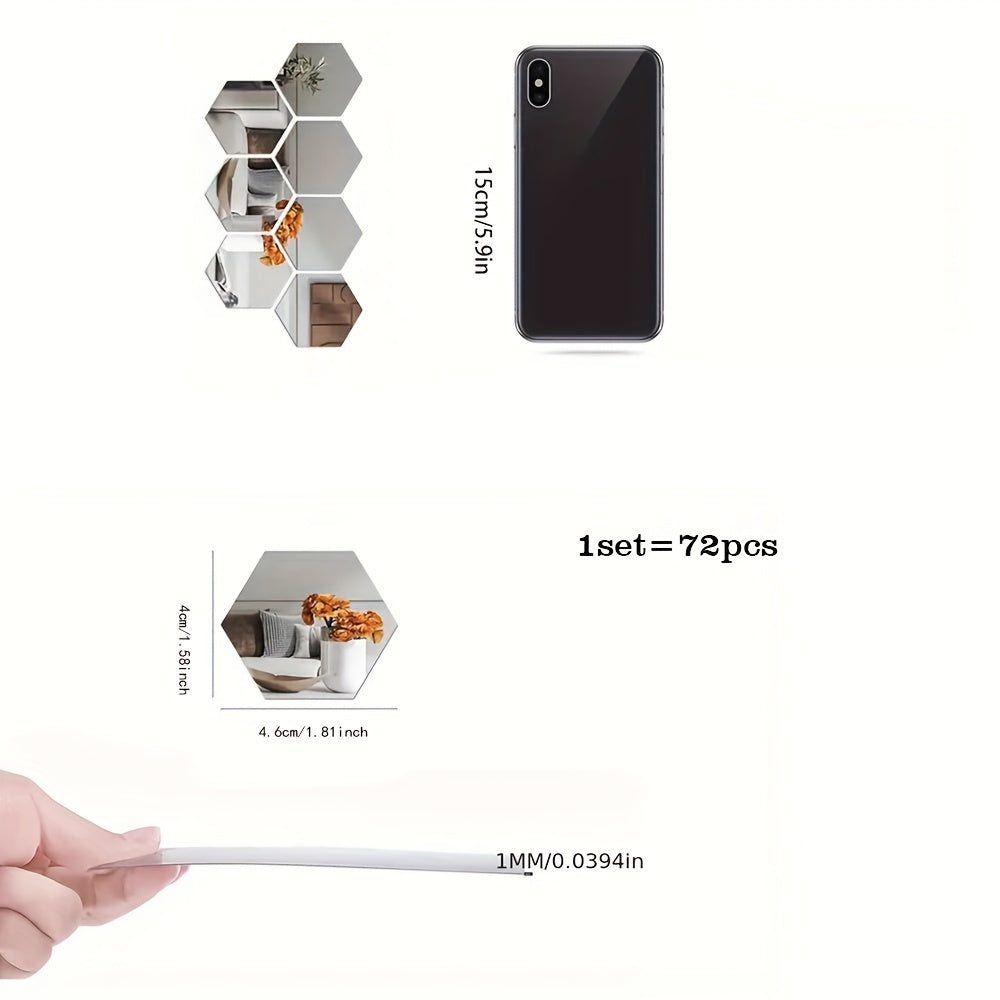 Hexagonal Wall Mirror Stickers for DIY Room Decor 72 Pieces