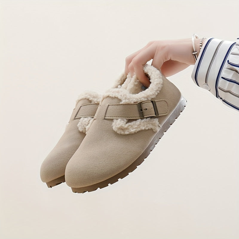 Women's Flannel-Lined Ankle Booties Casual Flat Heel Buckle Closure