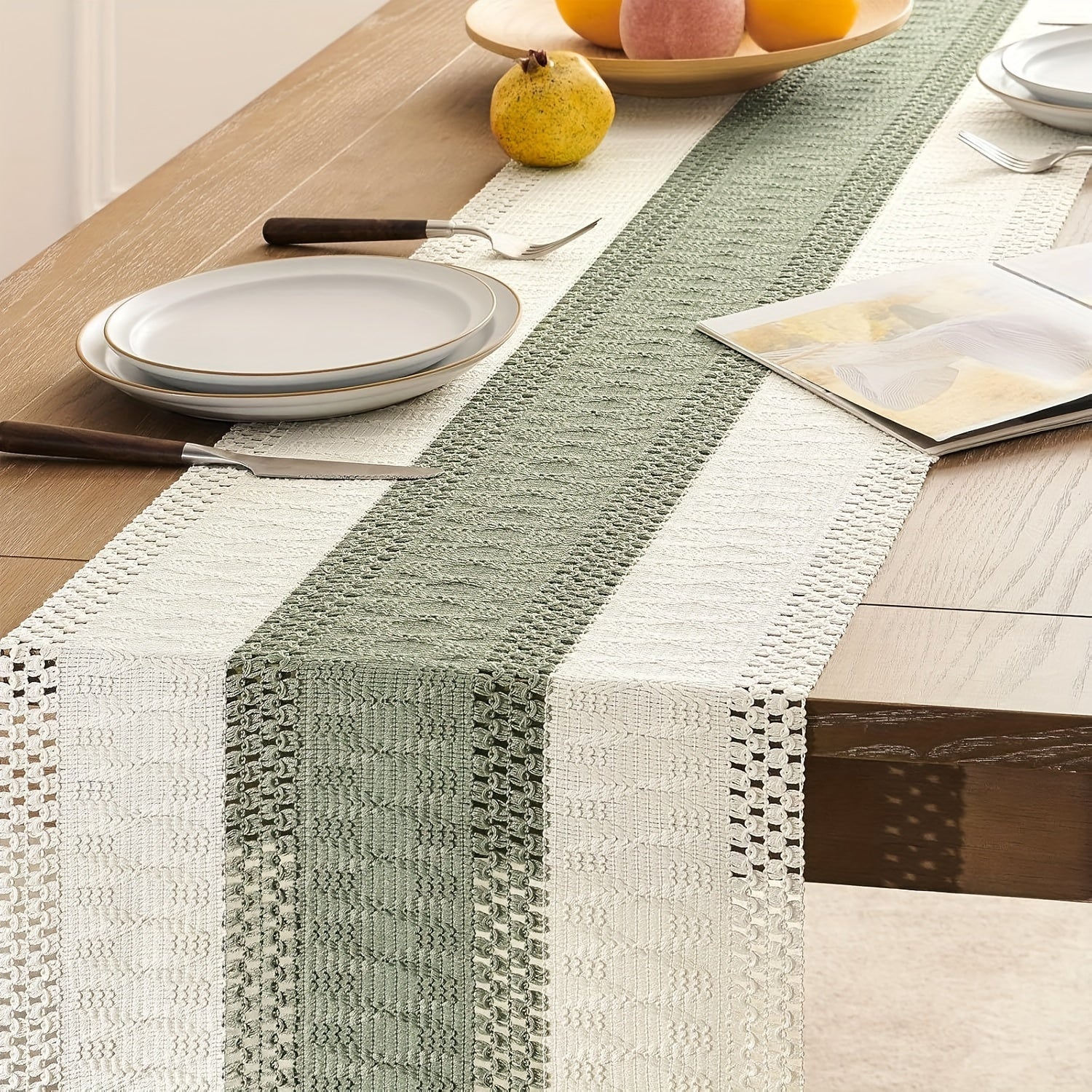 Sage Green Striped Table Runner for Home Decor and Holidays