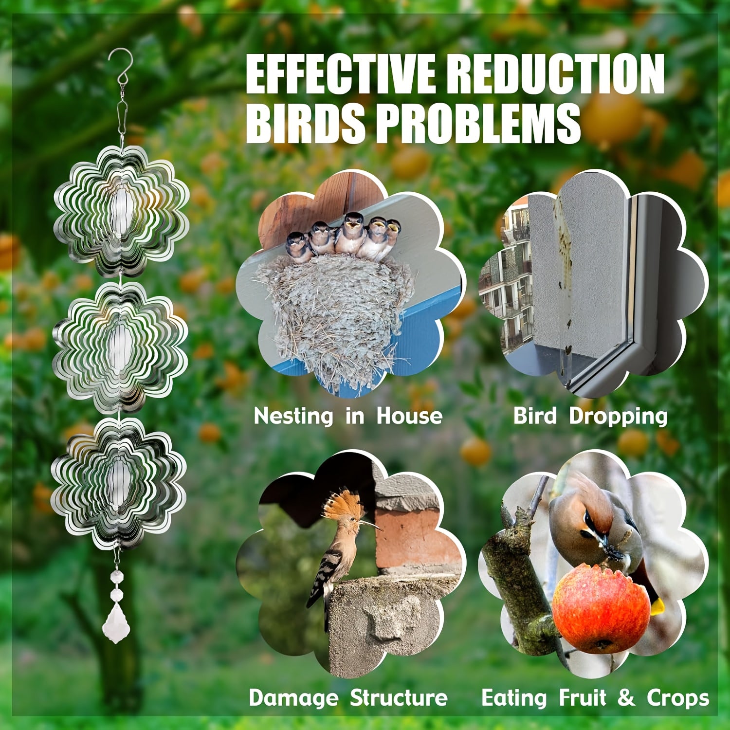 3-Piece Outdoor Bird Deterrent Spinner Set Reflective Golden Wind Scare Devices 5.3 Inches